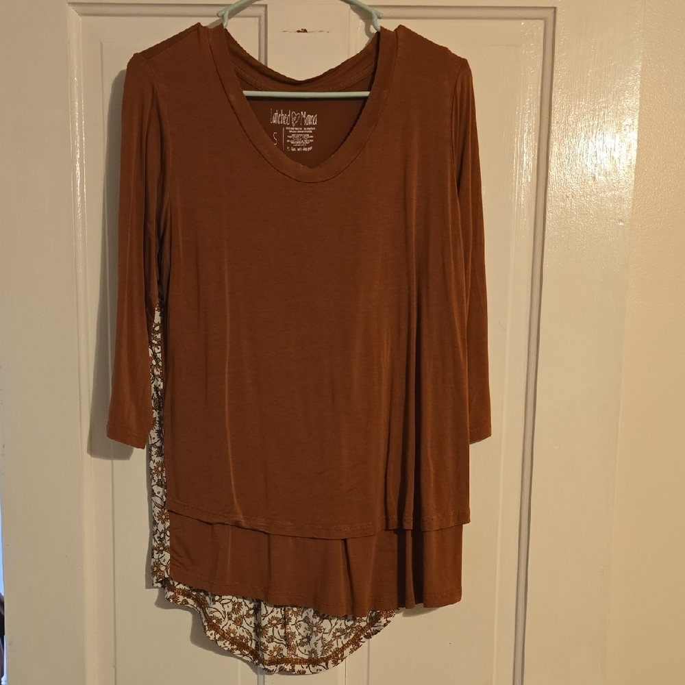 SOLD! Latched Mama Brown Asymmetrical Tiered 3/4 Sleeve Top